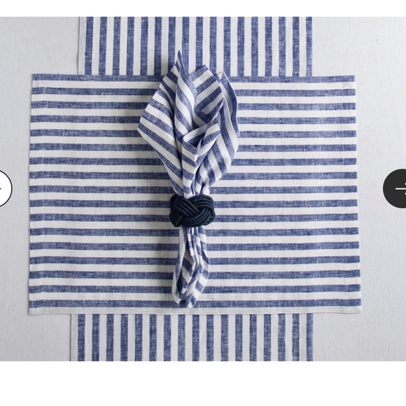 Solino Home Striped Blue and White Table Runner in 100% Linen. 14”x48”. New. - Picture 4 of 6